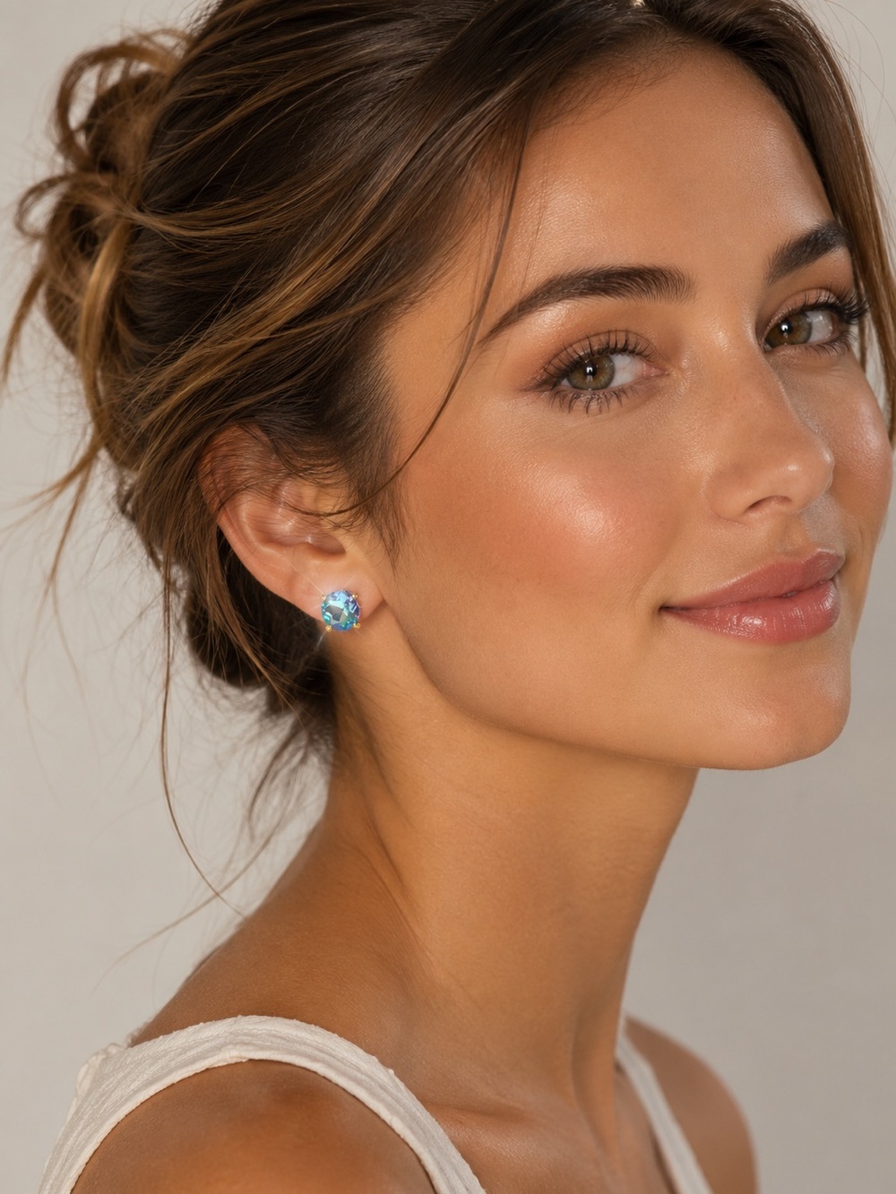 18K Gold Plated Aqua Round Glass 925 Sterling Silver Post 10MM Stud Earrings